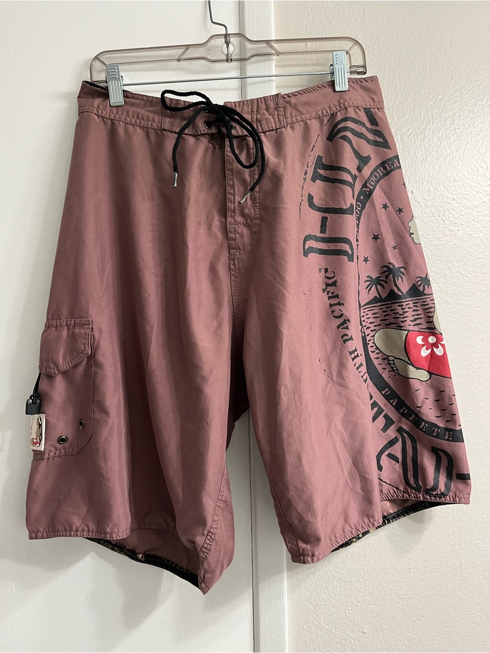 Nano Mauve Board Shorts with Black Drawstring and Graphic